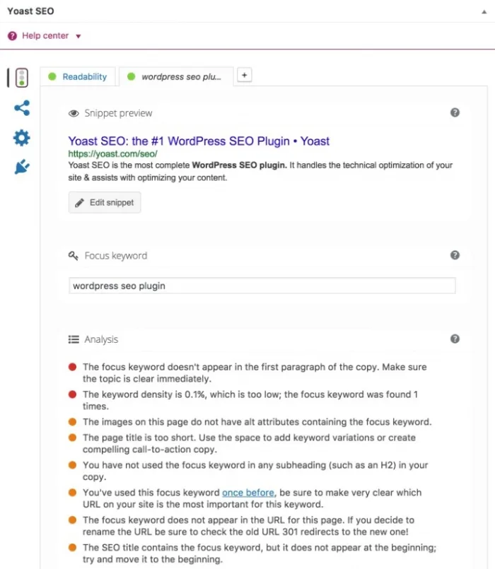 WordPress 的 Yoast SEO 插件红绿灯检查界面